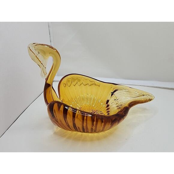 Vintage Amber Hand Blown Swan Art Glass Candy/Trinket Bowl 4" Retro Art Deco MCM - Picture 1 of 9